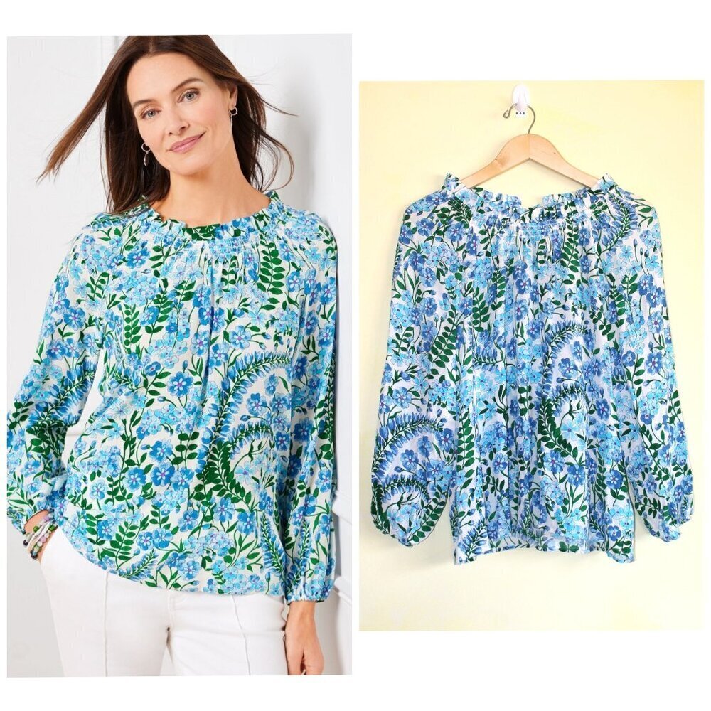 Talbots Blue and Green Floral Peasant Blouse